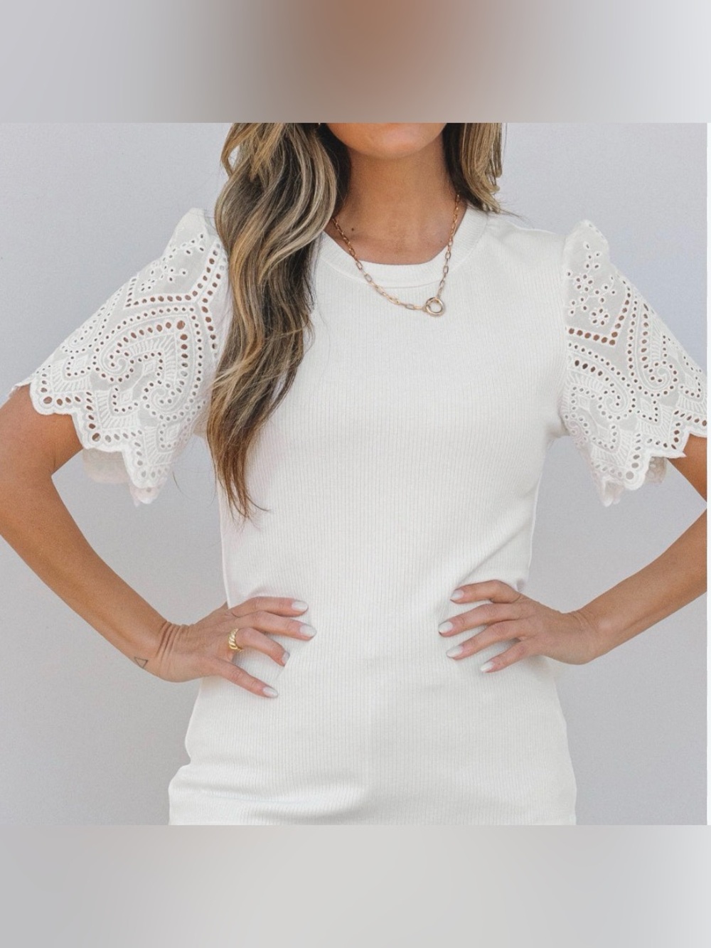 White Lace Scalloped Eyelet Sleeve Top